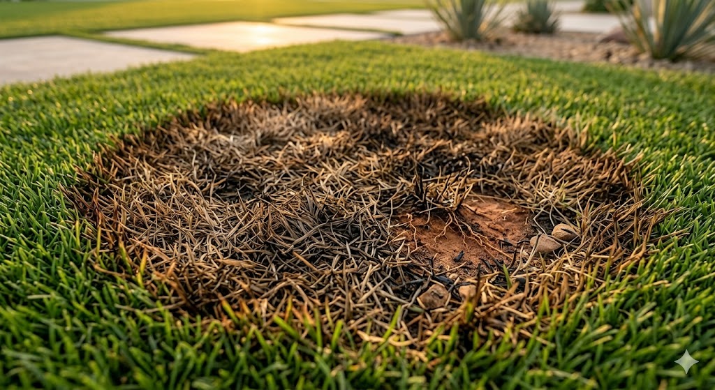 Artificial turf burned by window reflection — zoomed in damage